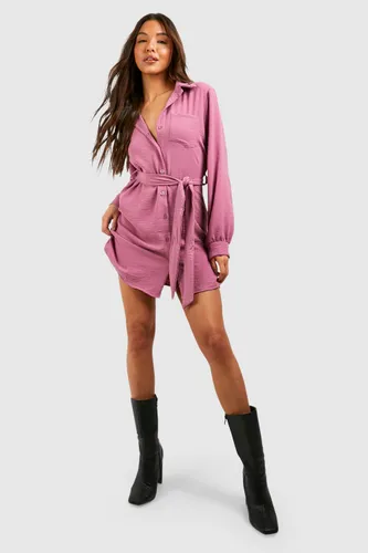 Womens Hammered Pocket Detail Long Sleeve Utility Shirt Dress - Pink - 6, Pink