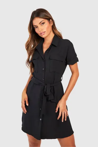 Womens Hammered Pocket Detail Utility Shirt Dress - Black - 6, Black