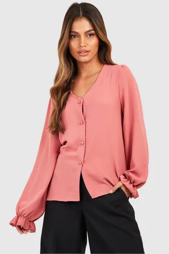 Womens Hammered Puff Sleeve Button Front Blouse - Pink - 6, Pink