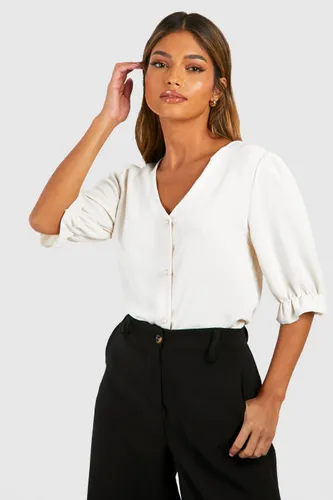 Womens Hammered Puff Sleeve Button Front Blouse - White - 10, White