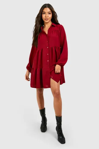 Womens Hammered Tiered Smock Shirt Dress - 6, Red