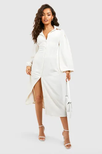 Womens Hammered Volume Sleeve Maxi Shirt Dress - White - 12, White