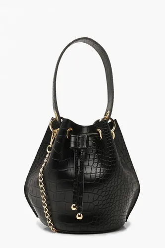 Womens Handle Detail Croc Crossbody Grab Bag - Black - One Size, Black