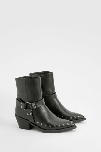 Womens Harness Stud Western Cowboy Boots - Black - 3, Black