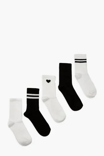 Womens Heart & Stripes Sports Socks 5 Pack - White - One Size, White