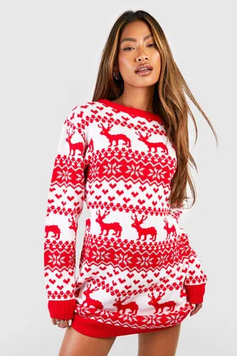 Womens Hearts And Reindeer Fairisle Christmas Jumper Dress - Red - S, Red