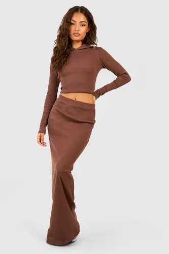 Womens Heavy Weight Rib Cropped Hoodie And Skirt Set - Brown - S, Brown