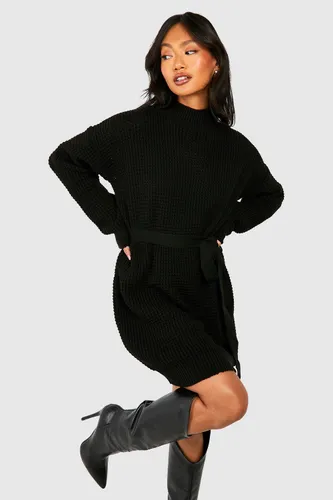 Womens High Neck Belted Knitted Mini Dress - Black - S, Black