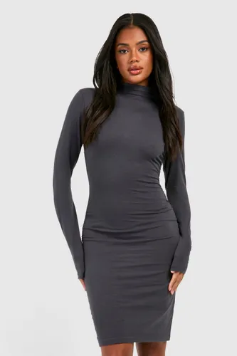 Womens High Neck Ruched Long Sleeve Mini Dress - Grey - 8, Grey