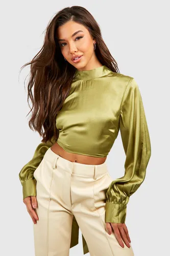 Womens High Neck Tie Back Cropped Satin Blouse - Green - 10, Green