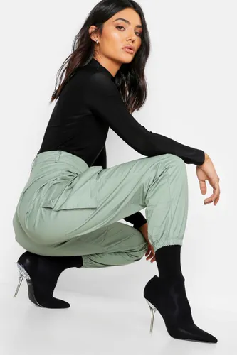Womens High Waisted Casual Woven Cargo Trousers - Green - 12, Green