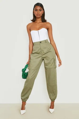 Womens High Waisted Casual Woven Cargo Trousers - Green - 6, Green