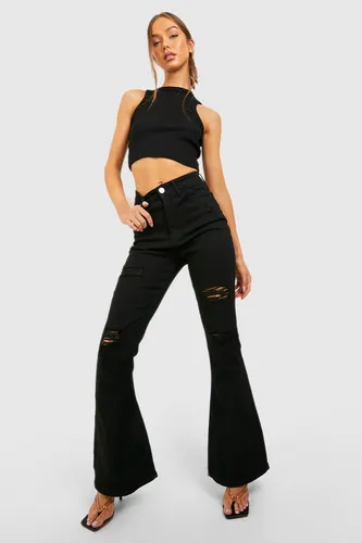 Womens High Waisted Distressed Flared Jeans - Black - 6, Black