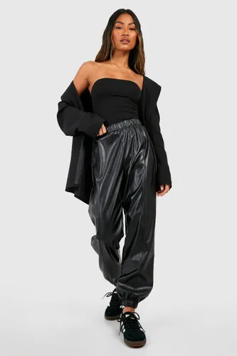 Womens High Waisted Leather Look Cargo Joggers - Black - 8, Black