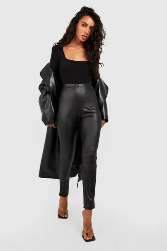 Womens High Waisted Leather Look Leggings - Black - 8, Black