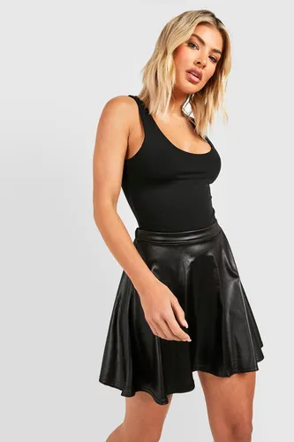 Womens High Waisted Leather Look Skater Skirt - Black - 6, Black