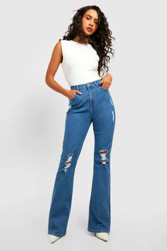 Womens High Waisted Ripped Flared Jeans - Blue - 6, Blue