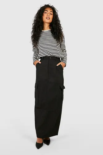 Womens High Waisted Twill Cargo Midaxi Skirt - Black - 6, Black