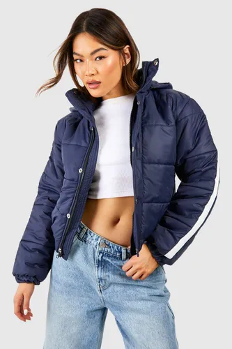 Womens Hooded Contrast Trim Puffer Jacket - Navy - 8, Navy