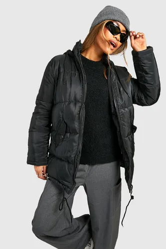 Womens Hooded Longline Puffer Jacket - Black - 8, Black