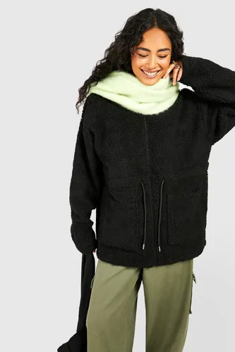Womens Hooded Teddy Faux Fur Jacket - Black - 8, Black