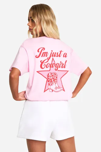 Womens I'M Just A Cowgirl Slogan Printed Oversized T-Shirt - Pink - S, Pink