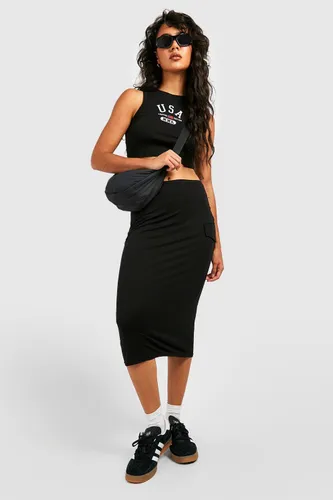 Womens Jersey Cargo Midi Skirt - Black - 8, Black