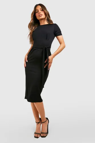 Womens Jersey Crepe Pleat Front Belted Midi Dress - Black - 8, Black