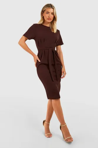 Womens Jersey Crepe Pleat Front Belted Midi Dress - Brown - 6, Brown