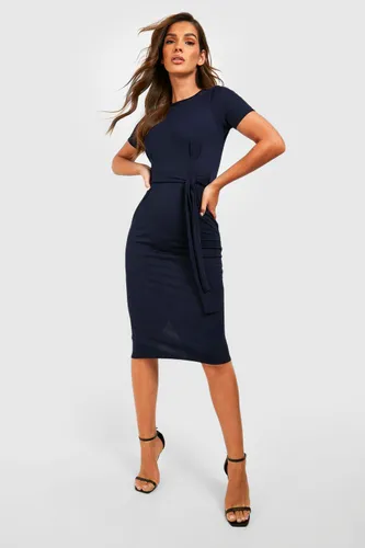 Womens Jersey Crepe Pleat Front Belted Midi Dress - Navy - 14, Navy