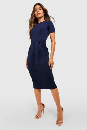Womens Jersey Crepe Pleat Front Belted Midi Dress - Navy - 16, Navy