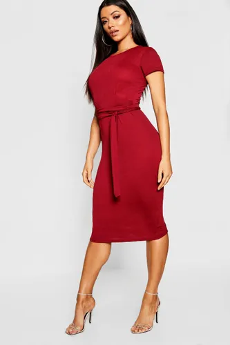 Womens Jersey Crepe Pleat Front Belted Midi Dress - Red - 10, Red