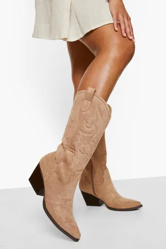 Womens Knee High Detailed Western Cowboy Boots - Beige - 8, Beige