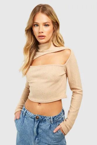 Womens Knitted High Neck Cut Out Top - Beige - 10, Beige