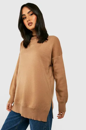 Womens Knitted Roll Neck Jumper - Brown - S/M, Brown