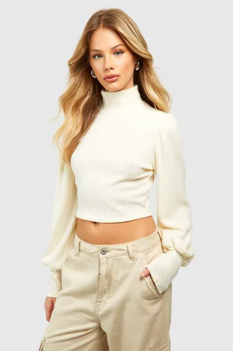 Womens Knitted Roll Neck Neck Puff Sleeve Top - White - 12, White