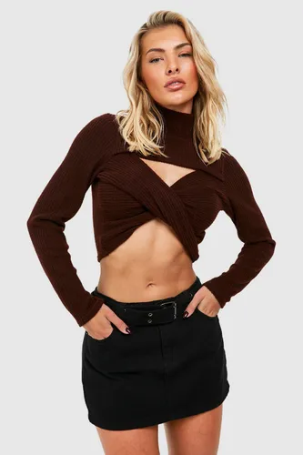 Womens Knitted Twist Front Top - Brown - 10, Brown