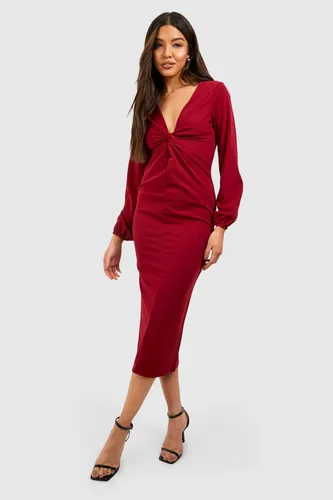 Womens Knot Front Volume Sleeve Crepe Midi Dress - Red - 6, Red