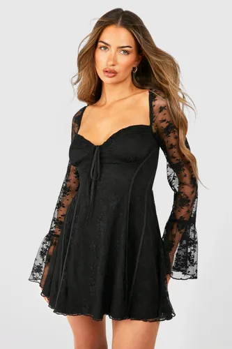 Womens Lace Baby Doll Flare Sleeve Mini Dress - Black - 12, Black