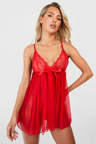 Womens Lace Bow Detail Baby Doll - Red - M, Red