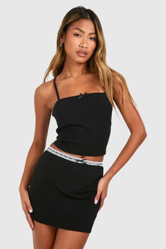 Womens Lace Bow Waist Detal Jersey Mini Skirt - Black - 8, Black