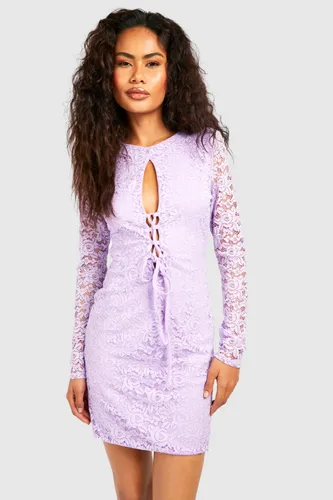 Womens Lace Corset Lace Up Long Sleeve Mini Dress - Purple - 16, Purple