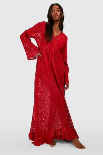 Womens Lace Crochet Frill Hem Maxi Beach Dress - Red - M, Red