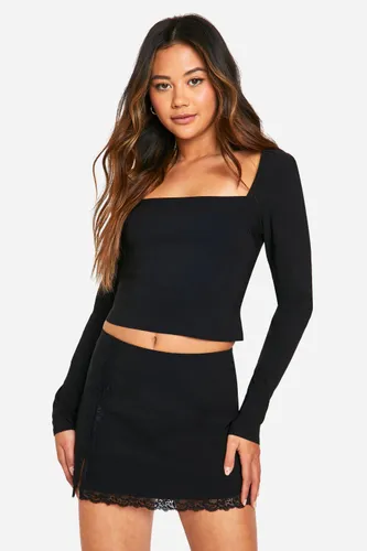Womens Lace Detail Square Neck Crop & Mini Skirt - Black - 6, Black