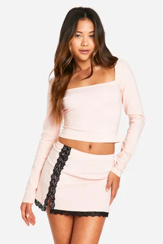 Womens Lace Detail Square Neck Crop & Mini Skirt - Pink - 6, Pink