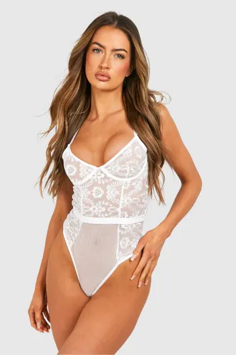Womens Lace Embroidered Bodysuit - White - L, White