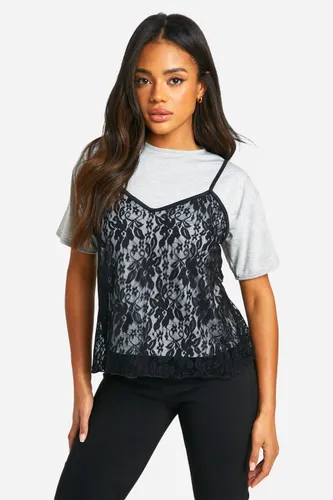 Womens Lace Layer T-Shirt - Grey - 8, Grey