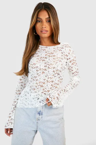 Womens Lace Long Sleeve Top - White - 12, White