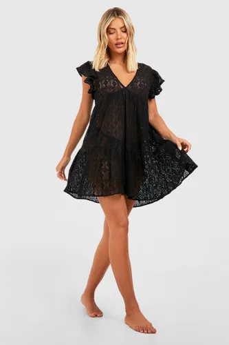 Womens Lace Ruffle Plunge Beach Mini Dress - Black - S, Black