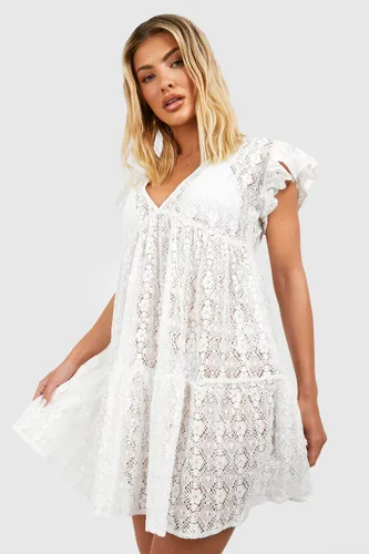 Womens Lace Ruffle Plunge Beach Mini Dress - White - S, White